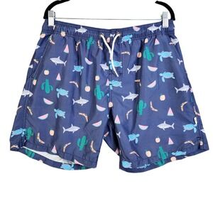Bondi Beamers Mens Swim Trunks Shorts Size Large‎ Navy Blue Shark Turtle Aussie